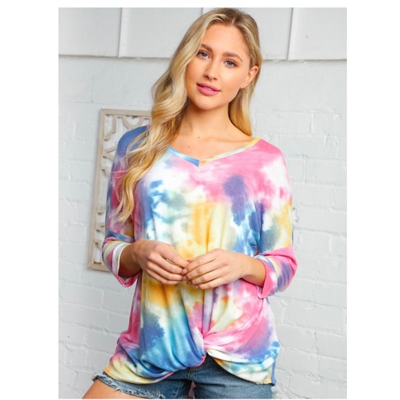 Haptics Tops - V NECK TIE DYE TWIST HEMLINE TOP